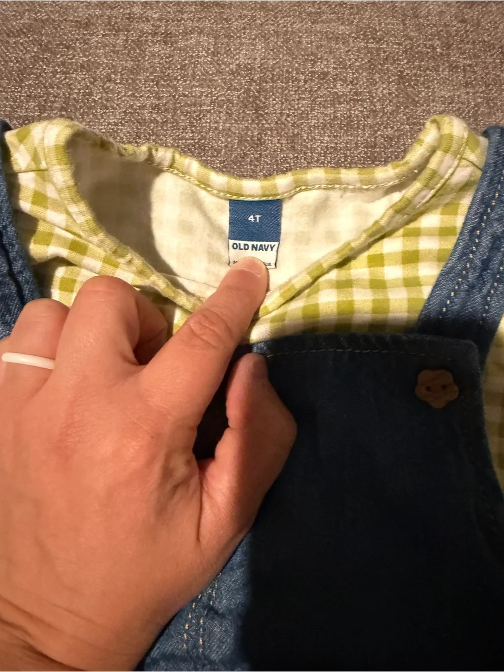 Denim Pinafore Dress with Green Gingham Top Set - 4T